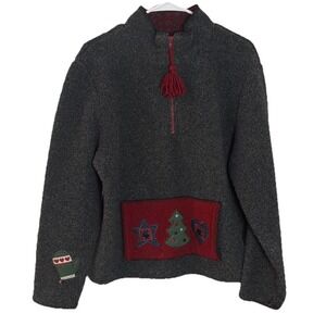 Croft&Barrow Vtg. Grey Fleece Sweater 1/4 Zip Holiday Kangaroo Pocket Med EUC